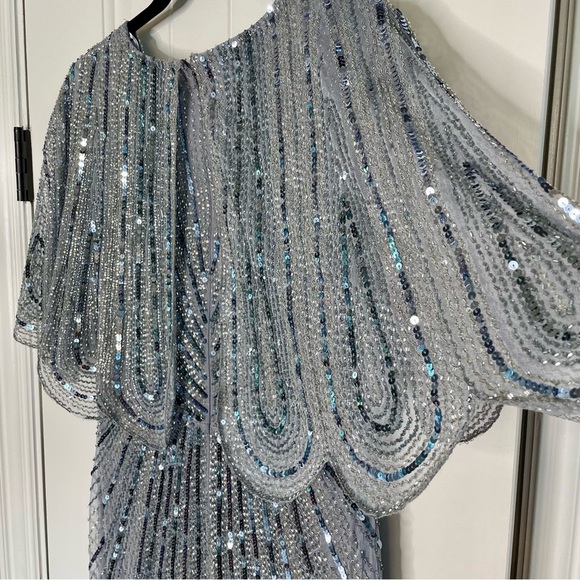 NWT Mac Duggal 93583 Beaded Cape Sleeve Column Gown Slate Blue Sz 8 $698 - Picture 8 of 16